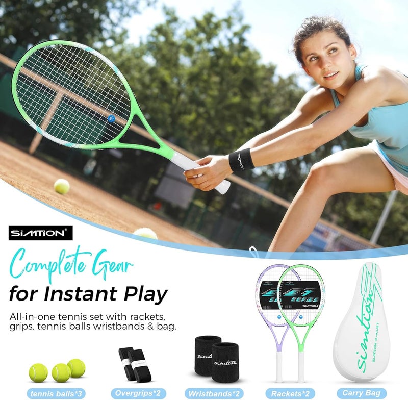 SIMTION 27 Inch Tennis Rackets Set, 2 Player Pre-StrungTennis Racquets for Adults, 2 Overgrip Tapes, 3 Balls, 2 Wristbands and Carrying Bag, for Beginner and Professional - Image 2